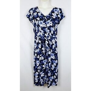 Talbots Shirtdress Womens 18 Tie-Waist Blue Knee-Length Floral Faux Buttons